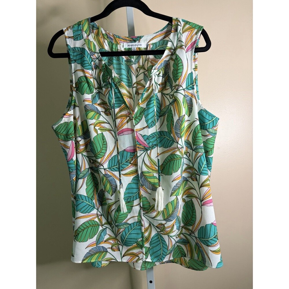 Rose + Olive Blouse Women 1X Boho Pullover Peasant Tunic top Hawaiian Colorful - Picture 2 of 10